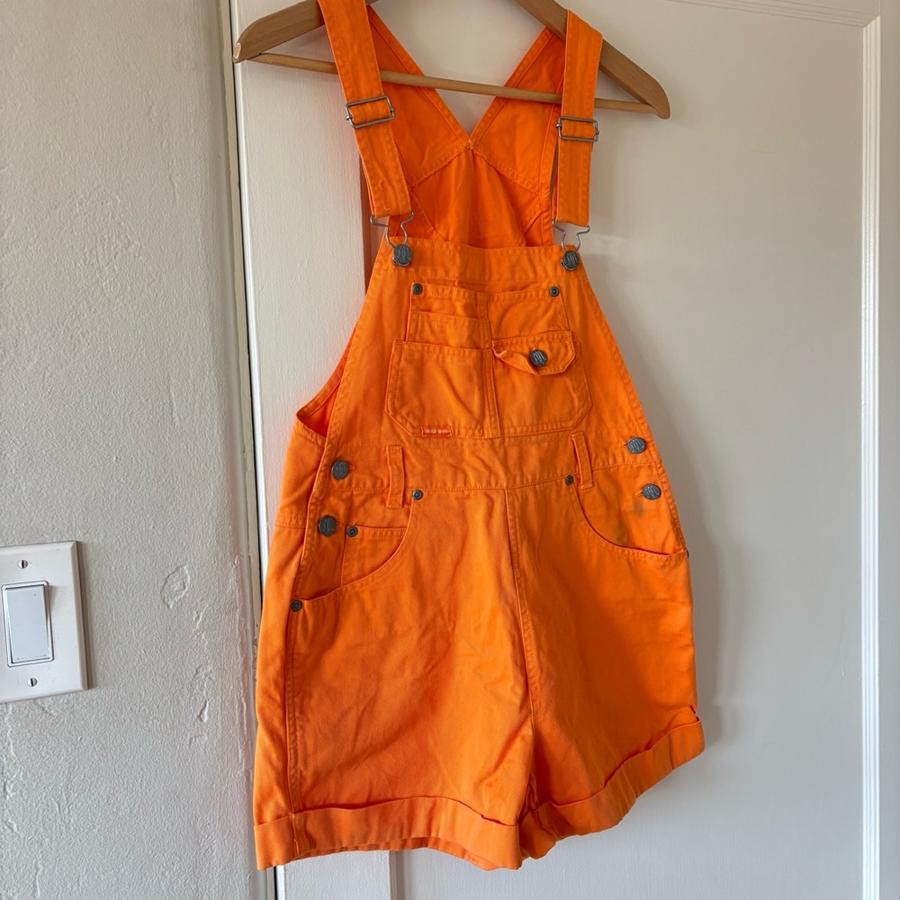 Vintage Y2K Squeeze Jeans Shortall Overalls Orange Small - Picture 3 of 9